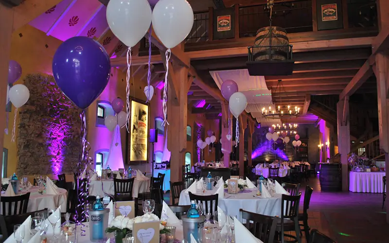 DJ Feier Kaiser stimmungsvolle Ambientebeleuchtung in Magenta bei einer Hochzeitsfeier